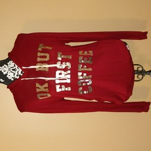 Ladies French Pastry L/S thin T-shirt Garnet & Gold w/Coffee quote Sz Med